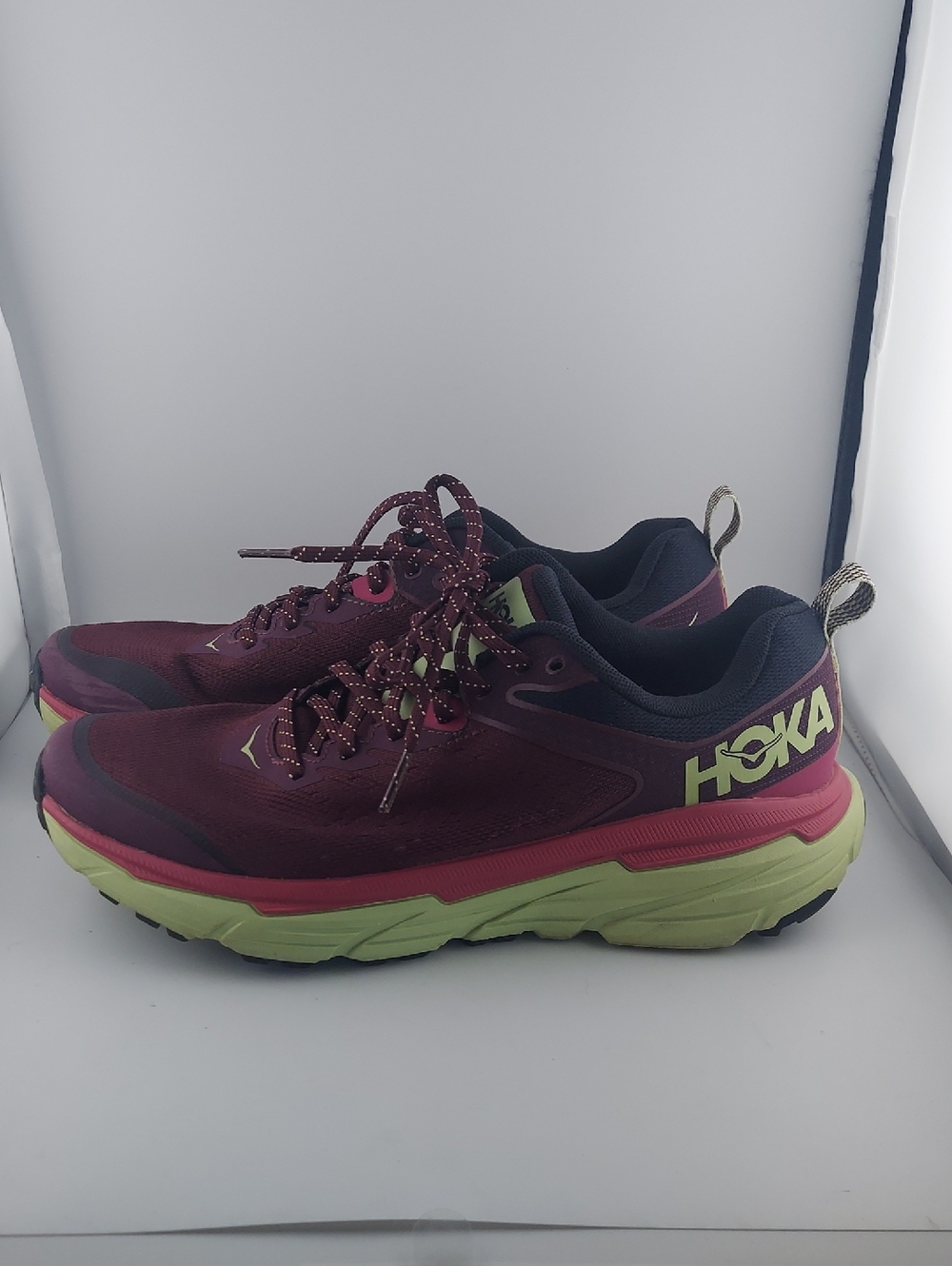 Hoka Women's Burgundy and Lime Trail Running Shoes